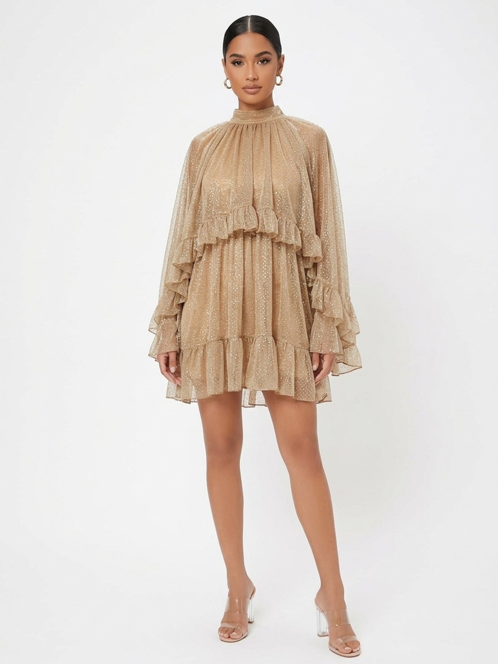 Fashion Nova Gold Ruffle Tiered Mini Dress